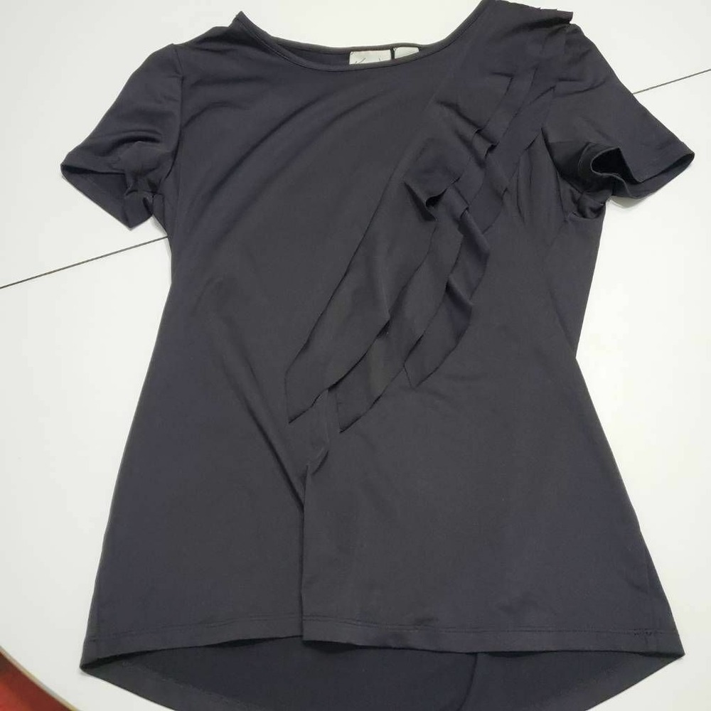 Kim Rogers Womens Blouse Black Boat Neck Stretch Ruffles Hi Lo Hem Pullover S